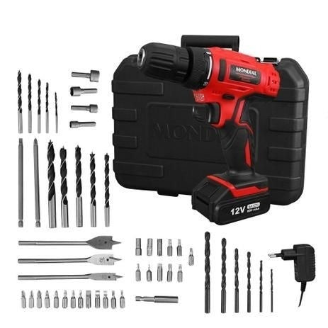 Furadeira Parafusadeira 3/8" à bateria 12 volts com maleta + 50 acessórios - PF-07MA - Mondial